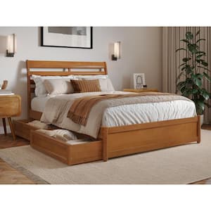 Emelie Light Toffee Natural Bronze Solid Wood Frame Full Platform Bed with Panel Footboard and Storage Drawers