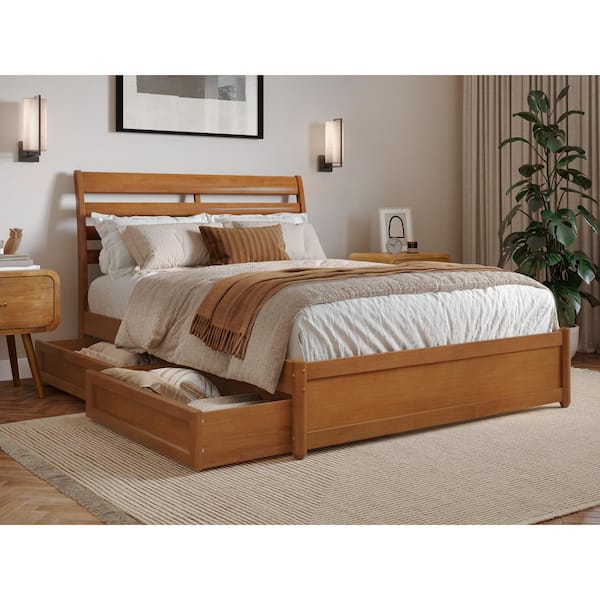 AFI Emelie Light Toffee Natural Bronze Solid Wood Frame Full Platform Bed with Panel Footboard and Storage Drawers
