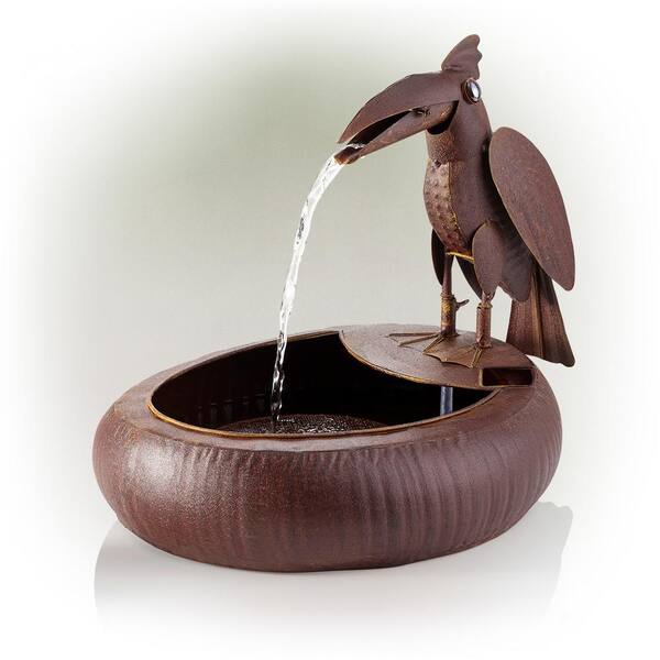 Alpine Corporation - 16 in. Tall Indoor/Outdoor Rustic Metal Toucan Water Fountain Yard Statue Decoration, Brown