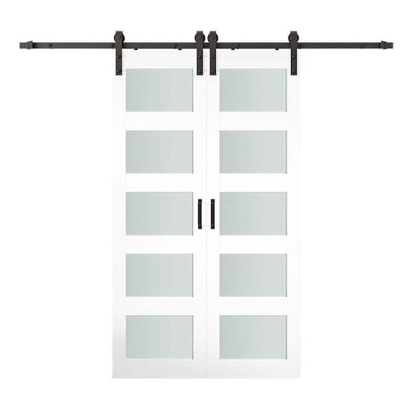 SOCBAZZAR 48 in. x 84 in. (Double 24 in.) 5-Lite Frosted Glass White Prefinished MDF Interior Sliding Barn Door with Hardware Kit