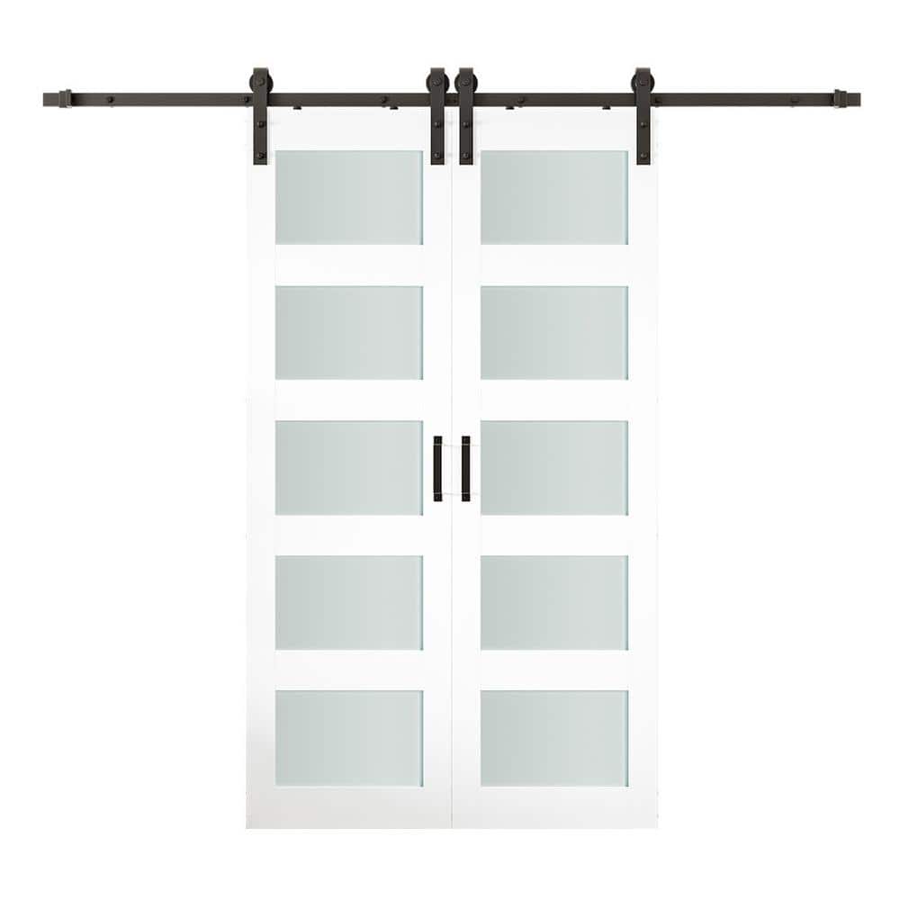 56 in. x 84 in. Double 28 in. 5-Lite Frosted Glass White Prefinished MDF Interior Sliding Barn Door with Hardware Kit price history on PriceWatchPro