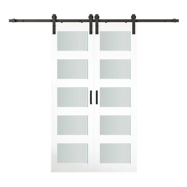 56 in. x 84 in. Double 28 in. 5-Lite Frosted Glass White Prefinished MDF Interior Sliding Barn Door with Hardware Kit