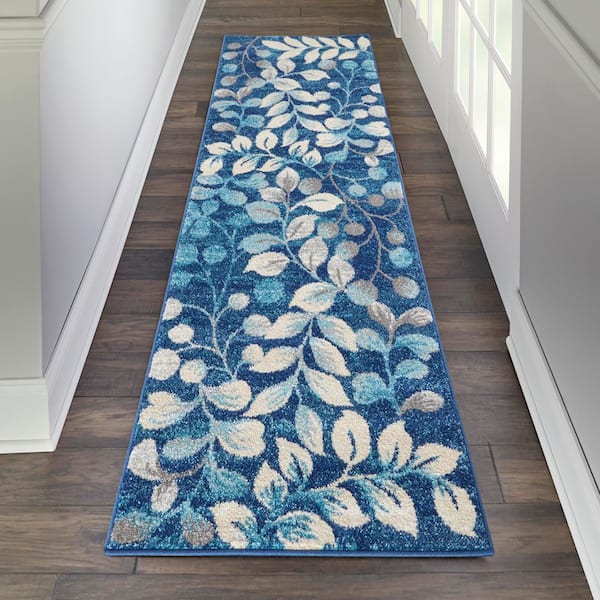 Tranquil Navy Blue 2 ft. x 7 ft. Floral Modern Kitchen Runner Area Rug