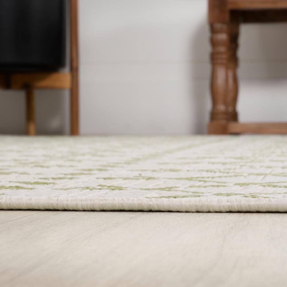 Cream and Green Geometric Synthetic Square Rug