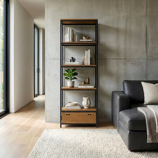 Glamour Home Amy Brown Pine Wood Display Shelf Etagere Metal Frame Bookcase with Drawer