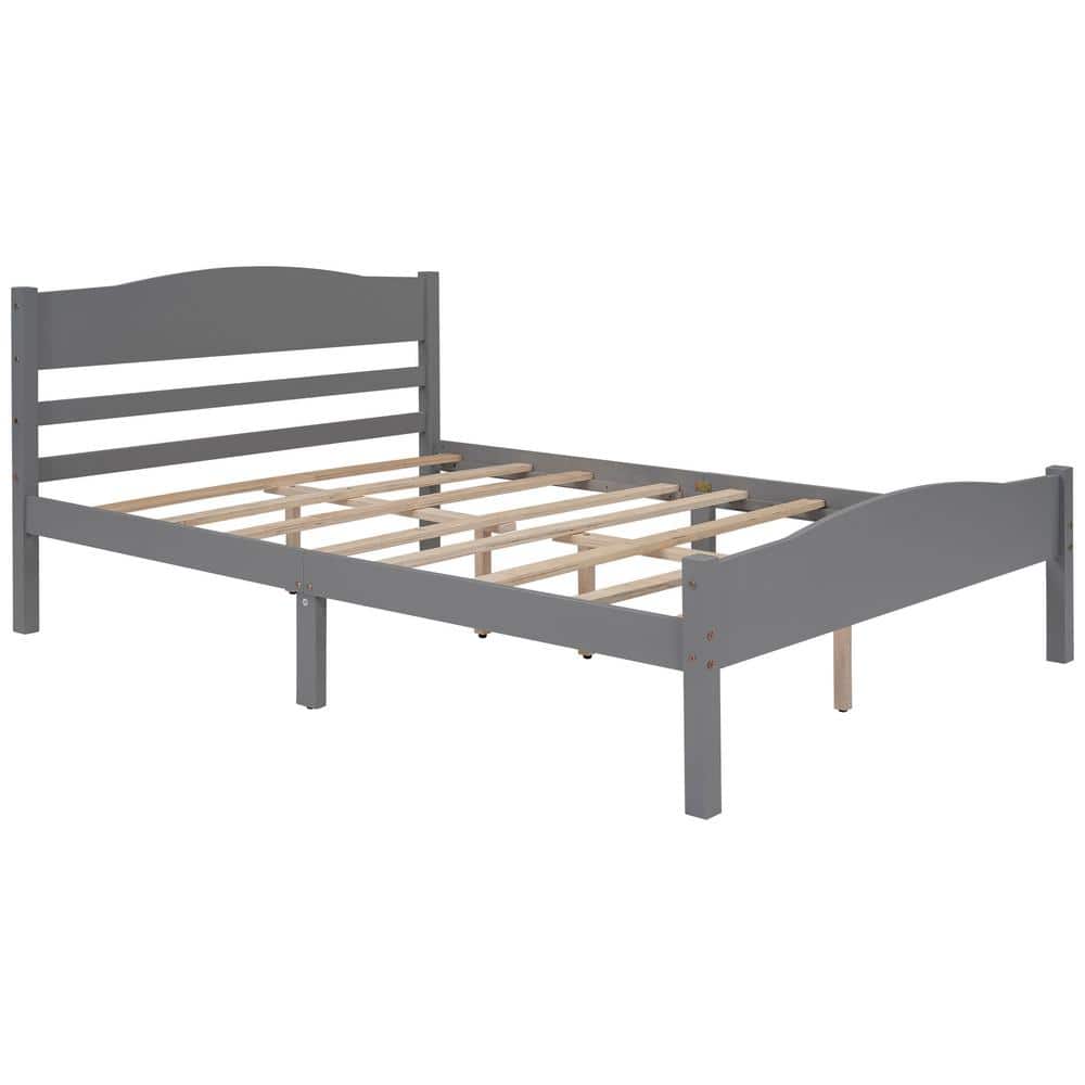 Gray Double Wooden Framed Full Platform Bed With Horizontal Hollow-Shaped H