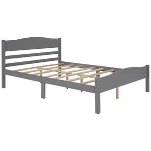 Gray Double Wooden Framed Full Platform Bed With Horizontal Hollow-Shaped Headboard, Footrests and Central Support Feet
