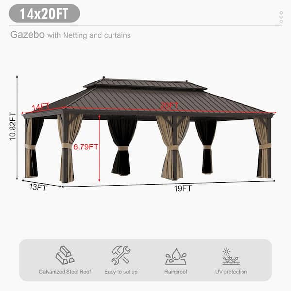 14 ft. x 20 ft. Aluminum Outdoor Gazebo Double Roof canopyw/Netting, Curtains, Garden Tent for Patio, Backyard, Lawns