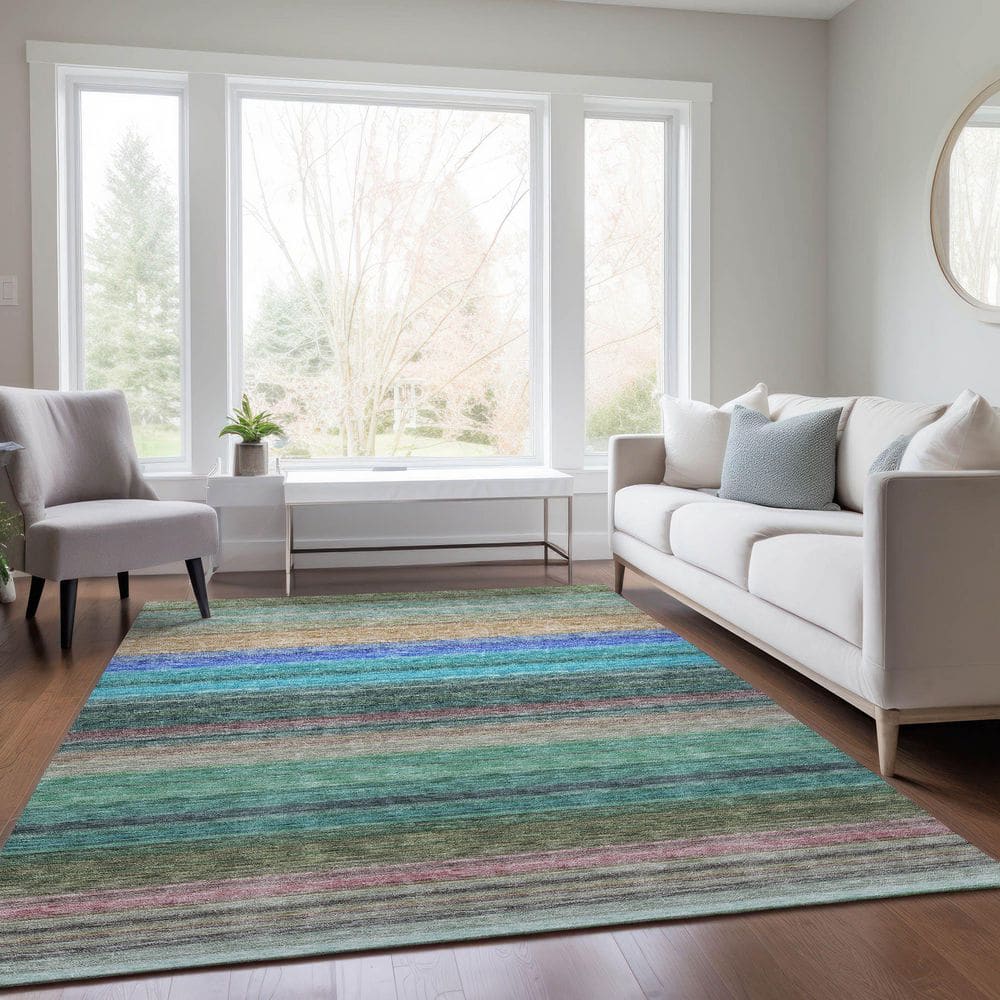Sage and Blue Striped Synthetic 9' x 12' Washable Rug