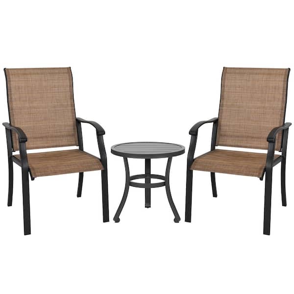 Brown 3-Piece Textilene and Iron Outdoor Bistro Set, 2 Bistro Chairs and Round Bistro Table
