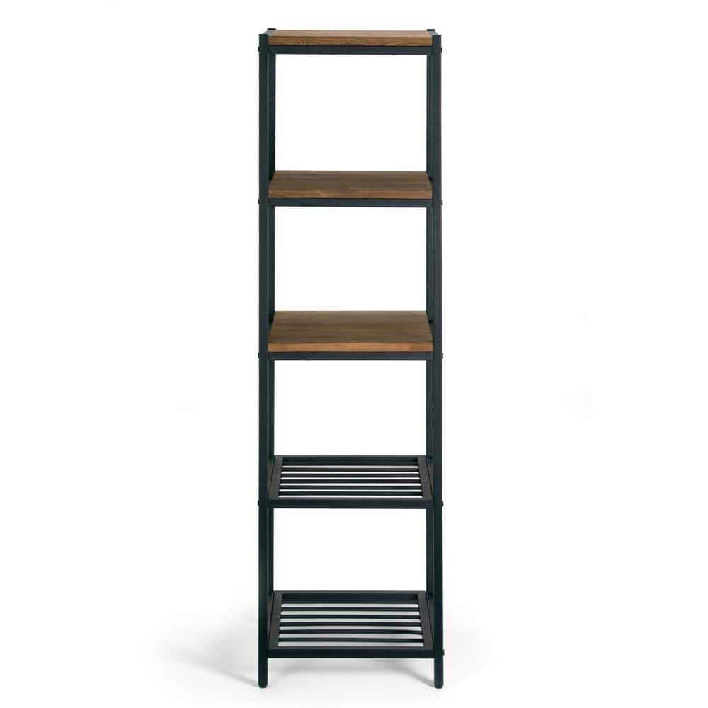 Modern Industrial Black Metal and Pine Wood Etagere Bookcase
