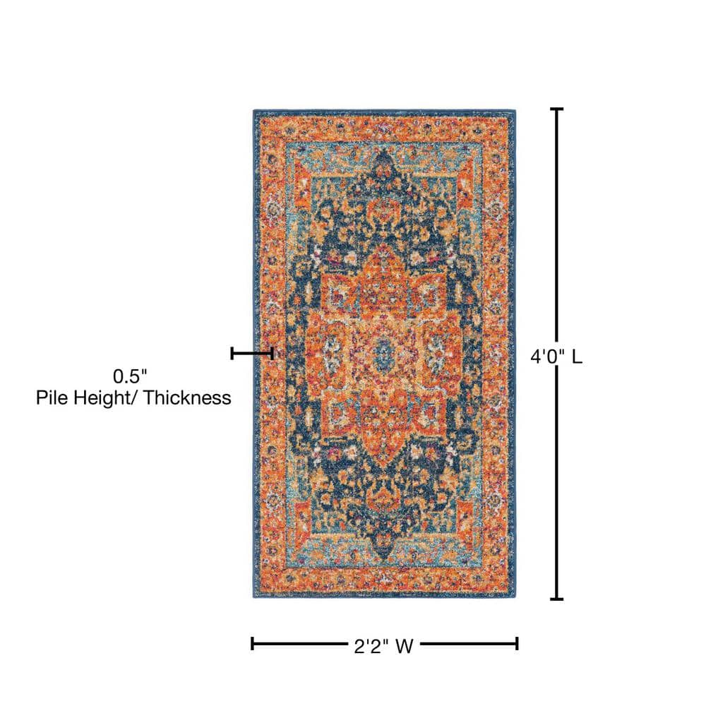Reversible Hand-Knotted Blue and Orange Synthetic Area Rug - 2'2" X 4'