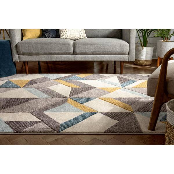 710 x 910 Well Woven Osme Blue & Gold Modern Geometric Boxes & Triangles Beveled Pattern Area Rug 8x10