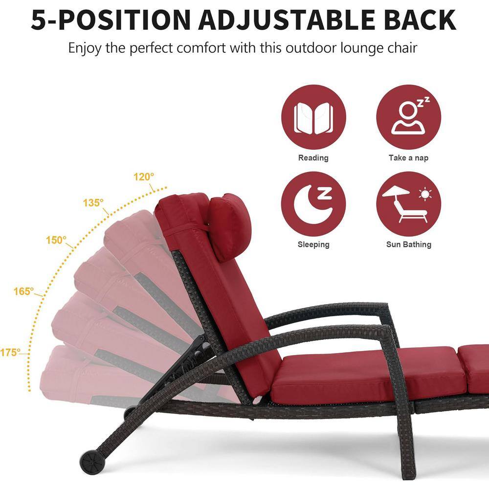 Red and Black Adjustable Wicker Outdoor Chaise Lounge Set