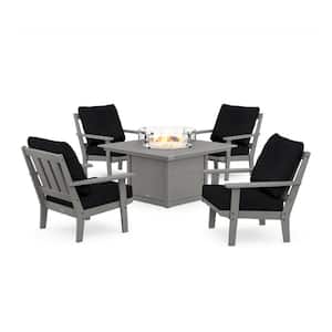 Oxford 5-Pieces Plastic Patio Fire Pit Deep Seating Set in Slate Grey with Midnight Linen Cushions