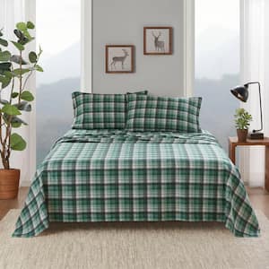 Cotton Flannel 4-Piece Green Plaid Cotton Cal King Sheet Set