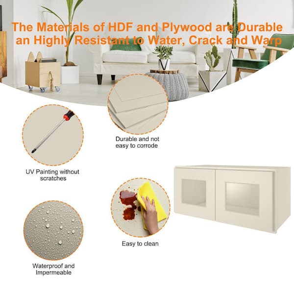 HOMEIBRO Antique White Painted Shaker Style Ready to Assemble Glass Door Wall Cabinet 33 in. W x 12 in. H x 12 in. D