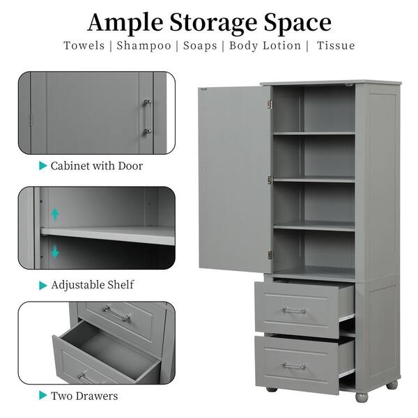 Tatahance 23 in. W x 15.9 in. D x 61.4 in. H Gray MDF Freestanding Tall Linen Cabinet with 2-Drawers and Adjustable Shelf