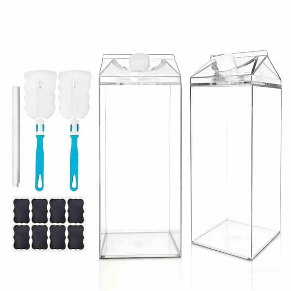 2-Piece 64 oz. Clear Square Plastic Reusable Leakproof Milk Carton Water Bottle with Cleaning Tool for Refrigerator
