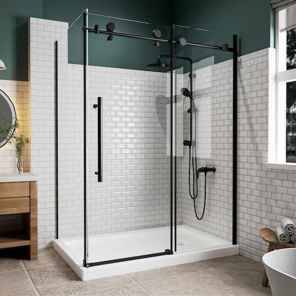 48 in. L x 34 in. W x 72 in. H Corner Shower Kit with Sliding Frameless Shower Door and Right Shower Pan