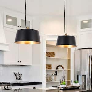 Modern Industrial Kitchen Island Drum Pendant Light 1-Light Black and Brass Dome Pendant Light with Metal Shade