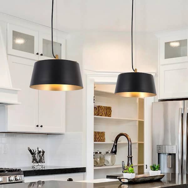 Uolfin Modern Industrial Kitchen Island Drum Pendant Light 1-Light Black and Brass Dome Pendant Light with Metal Shade