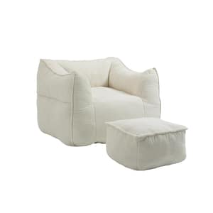 Modern Beige Boucle Round Square Bean Bag Accent Chair with Ottoman