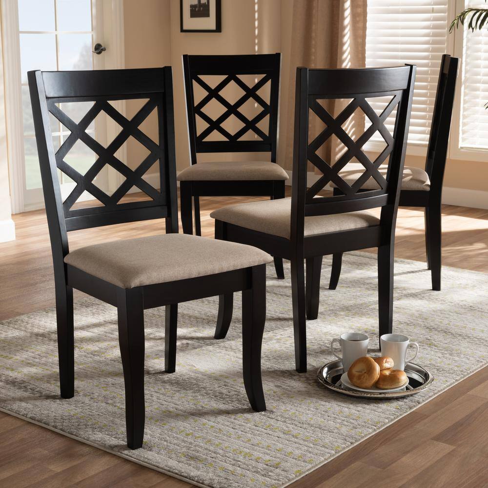Espresso Brown Oak Wood & Sand Linen Upholstered Parsons Side Chair