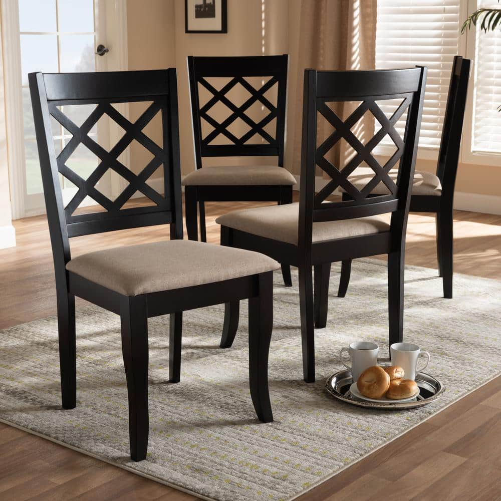 Espresso Brown Oak Wood & Sand Linen Upholstered Parsons Side Chair
