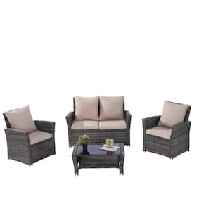 4 Pieces Outdoor Patio Furniture Sets Garden Rattan Chair Wicker Set with Dark Gray Cushions