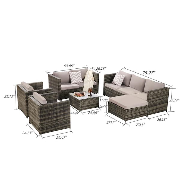 maocao hoom 6-Piece Gray Wicker Patio Conversation Set with Gray Cushions