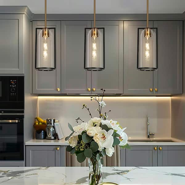 Modern 1-Light Black and Brass Island Pendant Light with Bottle Clear Glass Shade Foyer Hanging Light, LED Compatible