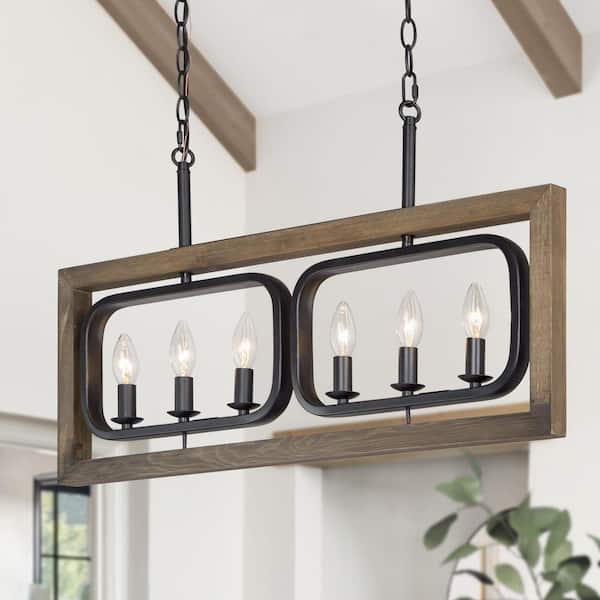 LNC Modern Farmhouse 31 in. Black 6-Light Candlestick Chandelier with Rustic Wooden Cage Transitional Large Island Pendant