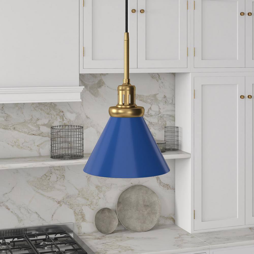 Blue and Brass 8" Industrial Metal Pendant Light