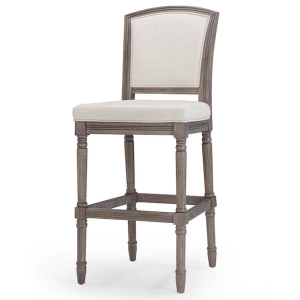 Charleston 31 in. Bar-Height Weathered Gray High-Back Wood Bar Stool with Gray Upholstered Seat