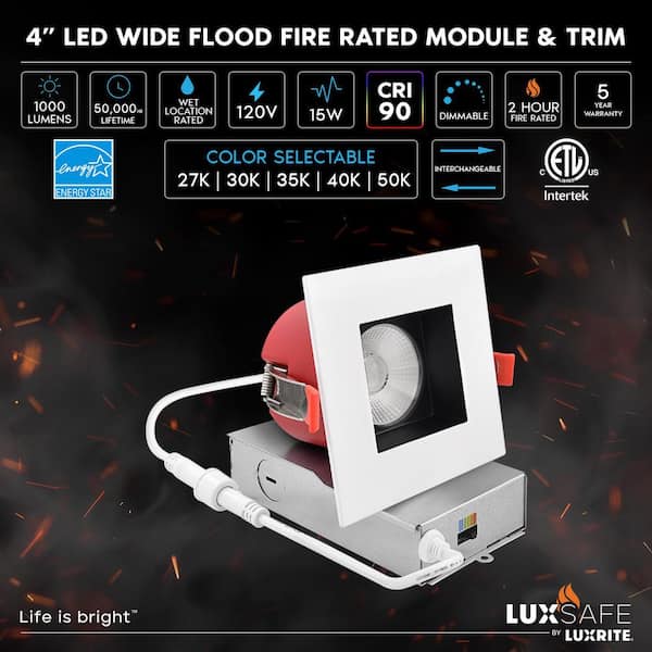 4 in.Square Integrated LED Recessed Light J-Box 5CCT 2Hour Fire Rated 15W 1000LM 60° Dimmable Wet Rated Black/White 12PK