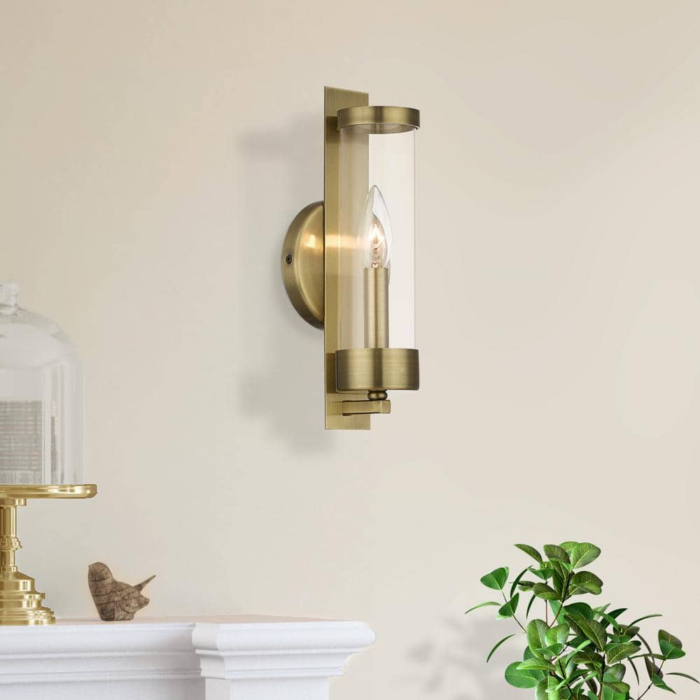 Antique Brass Dimmable Wall Sconce with Clear Glass