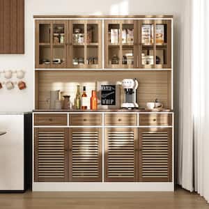 Brown Wood 61.3 in. W Kitchen Food Pantry Cabinet Louvered Door Style With Hutch, Glass Doors, Adjustable Shelves
