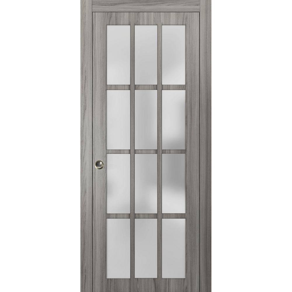 Gray 32 x 84 Inch French Pocket Door with Frosted Glass