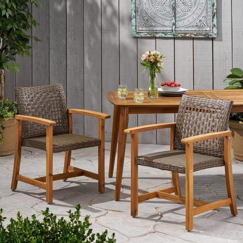 Teak Brown and Mixed Mocha Woven Wood Dining Armchair Pair