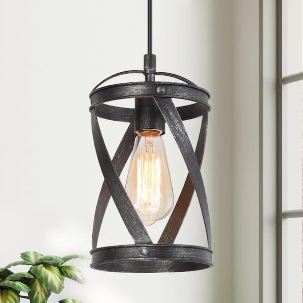 LNC Industrial Brushed Black 1-Light Island Pendant Light with Open Drum Cage Modern 6 in. Mini Pendant for Foyer Hallway