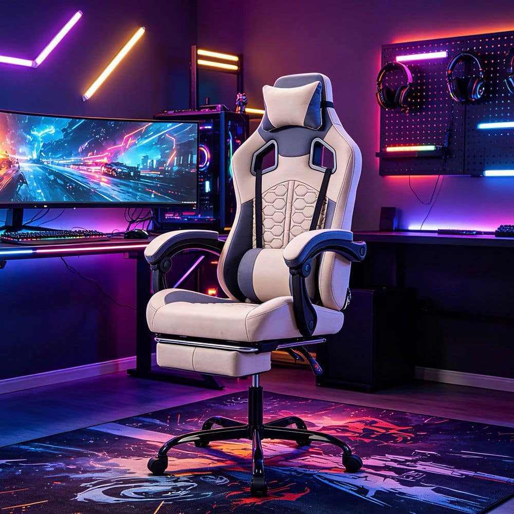 Zuri Faux Leather High Back Ergonomic Gaming Chair in Khaki with Adjustable Lumbar Support, Reclining Computer Chair