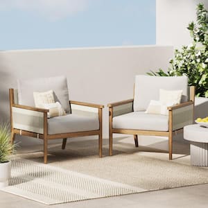 Kayden Bohemian Brushed Light Brown Solid Acacia Frame Upholstered Outdoor Lounge Chair with Gray Cushion, Set of 2