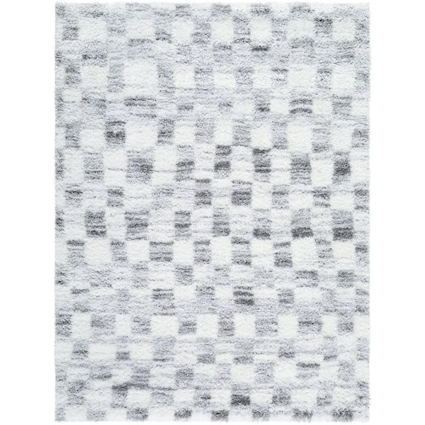 Cloudy Shag Ivory Modern Checkered 5 ft. 3 in. x 7 ft. Area Rug