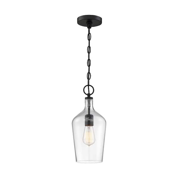SATCO Hartley 100-Watt 1-Light Matte Black and Clear Glass Shaded Pendant Light with Clear Glass Shade and No Bulbs Included