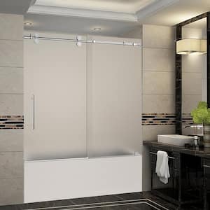 Langham 56 in. to 60 in. x 60 in. Completely Frameless Sliding Tub Door with Frosted Glass in Stainless Steel