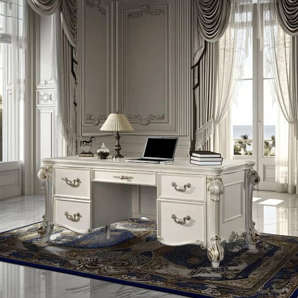 Antoine 37 in. Rectangular Pearl White and Gold Wood 5-Drawer Writing Desk