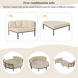 4-Piece Round Metal Outdoor Patio Conversation Set All Weather Sectional Sofa with Beige Cushions