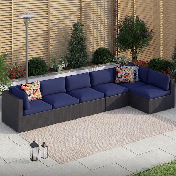 PHI VILLA Dark Brown Rattan Wicker 6 Seat 6-Piece Steel Outdoor Patio Conversation Set with Blue Cushions