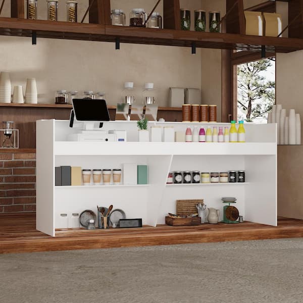 86.6 in. Rectangle White Wooden No Drawer Commercial Reception Computer Desk with Open Shelf Large Storage Place